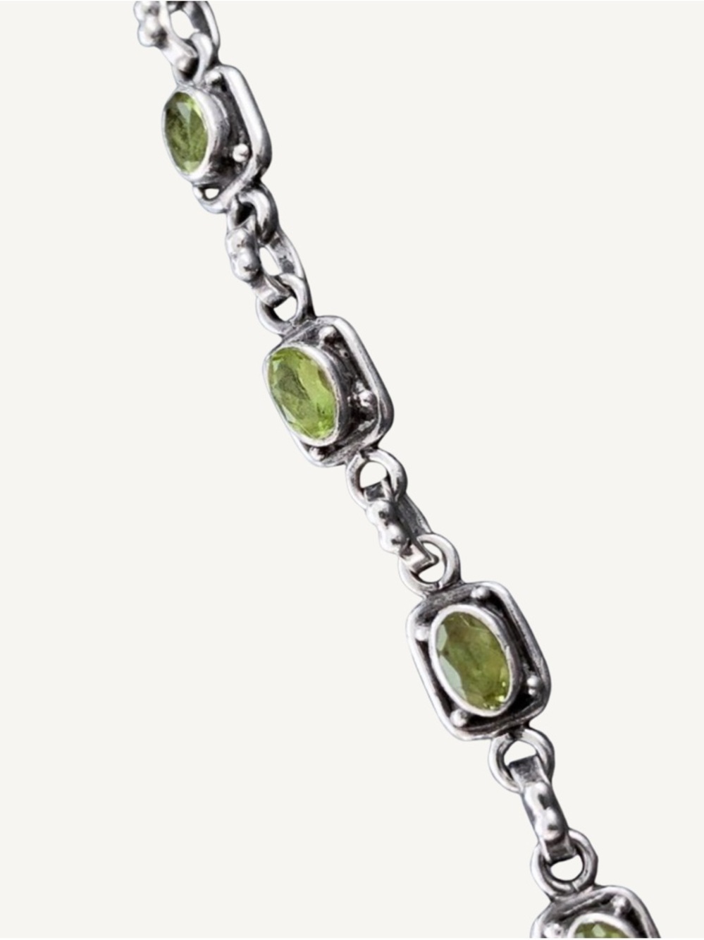 Peridot Gemstone Sterling Silver Link Modernist Bracelet - 7.5” w/ 11 gemstones - Picture 3 of 5